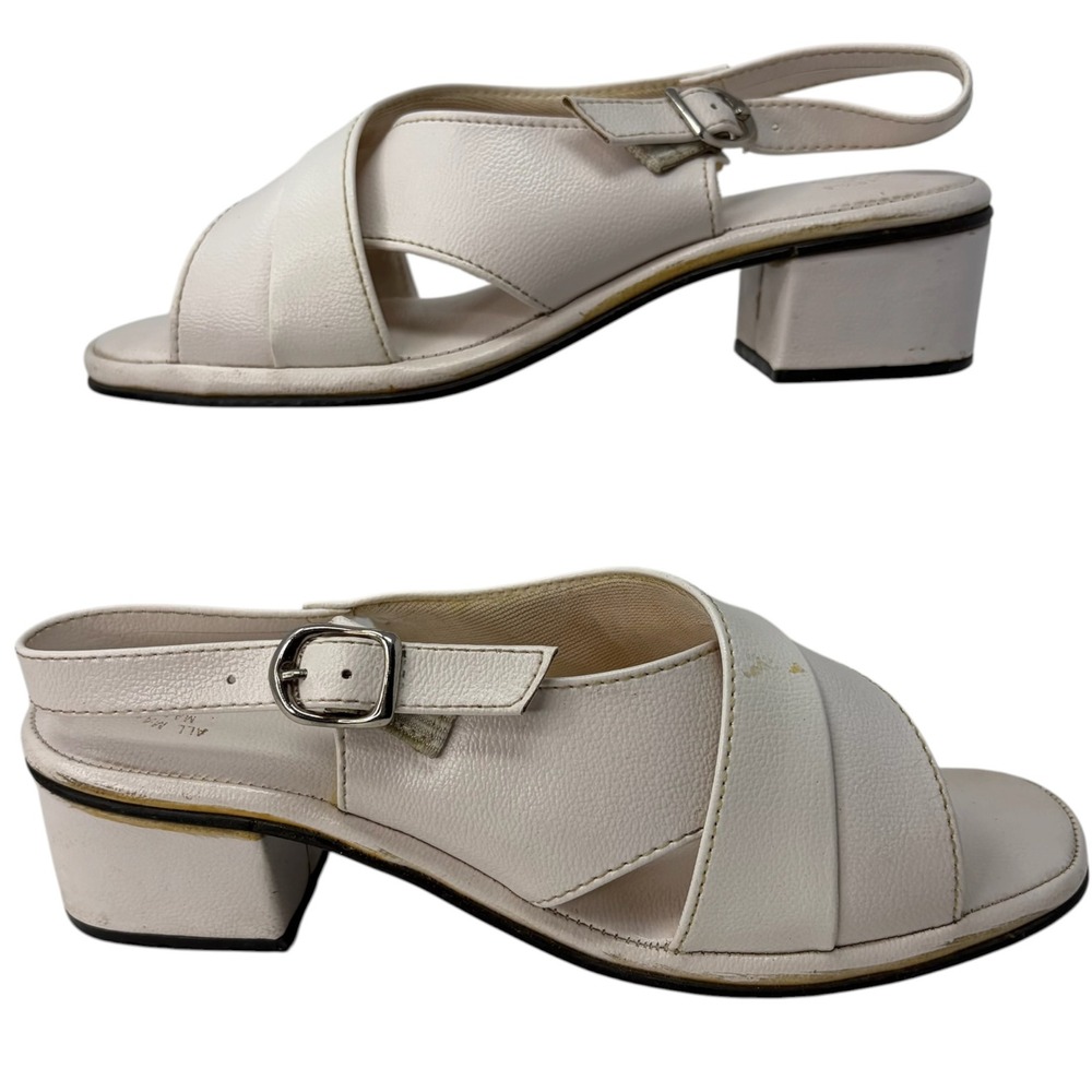 Vintage 70s White Cross Strap Sandals Womens 7 Block Heel Slingback Taiwan